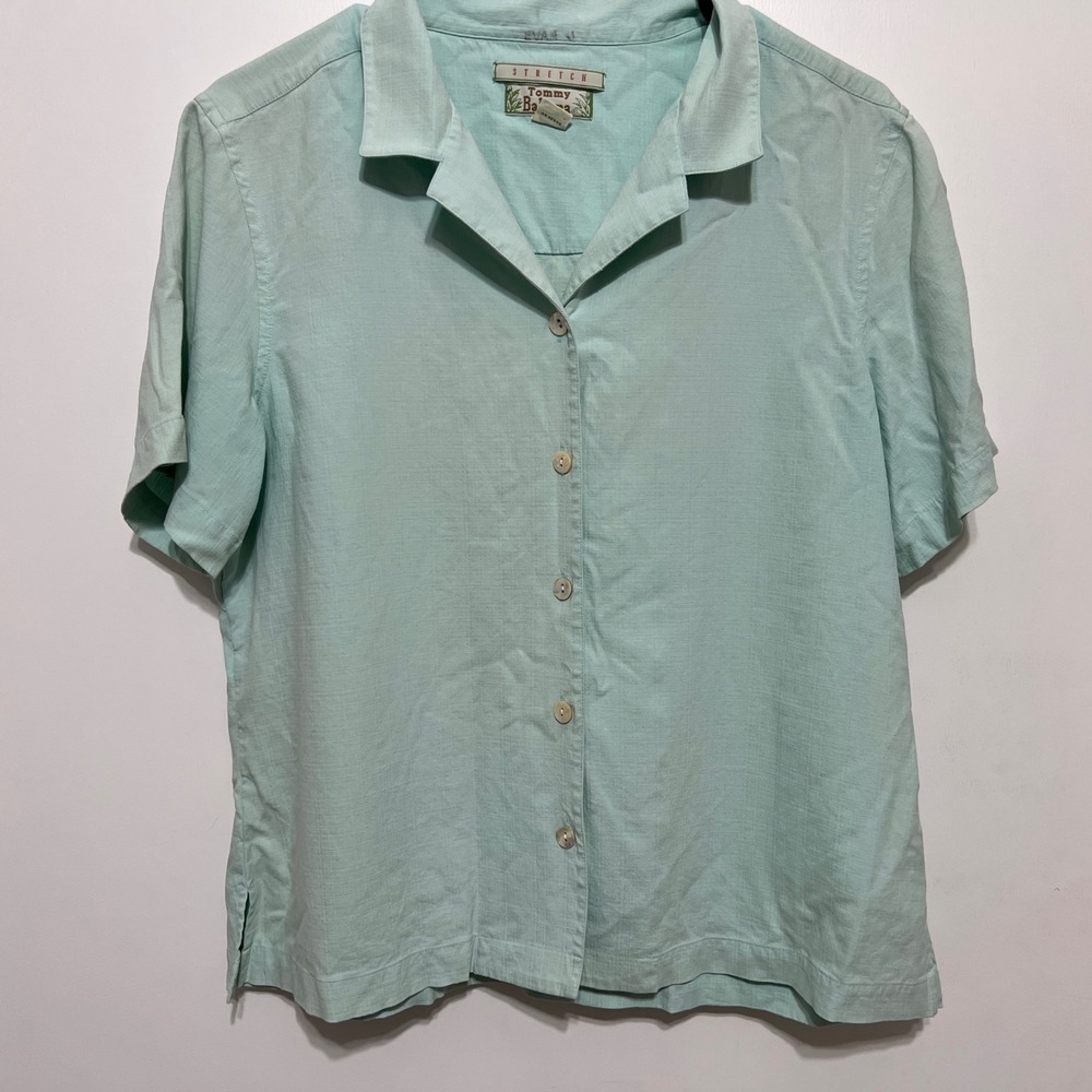 Tommy Bahama Womens Silk Stretch Button Up Camp Shirt Size L 12/14 Seafoam Green